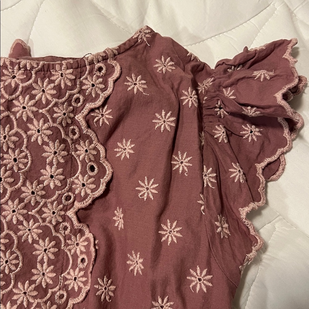 Bohme: Floral embroidered eyelet midi dress ruffle cap sleeves in dusty rose (S) - Picture 8 of 11